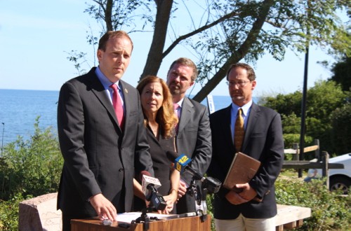 Congressman Lee Zeldin and environmental advocates at a September 2015 press conference objecting to the plan to continue dumping waste into the Long Island Sound for the next 30 years. File photo: Katie Blasl